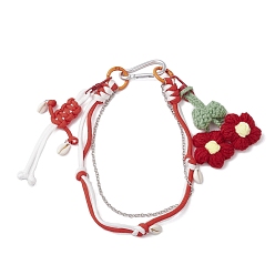 Красный Вязаные крючком цветы-буфы, полиэстеровые веревки и подвесные украшения, Сплав с застежками, красные, 445 мм