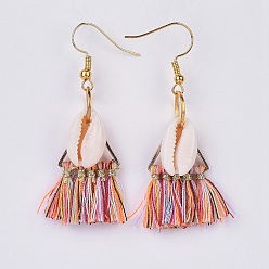 Colorful Polyester Cotton Tassel Dangle Earrings, with 304 Stainless Steel Earring Hooks and Cowrie Shell Beads, Golden, Colorful, 49~52mm, Pin: 0.7mm