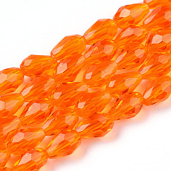 Dark Orange Glass Beads Strands, Faceted, Drop, Dark Orange, 6x4mm, Hole: 1mm, about 65~68pcs/strand, 14.96~15.35 inch