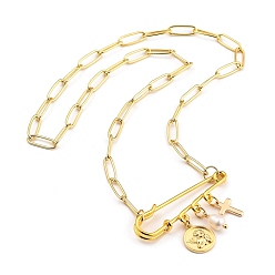 Ivoire Colliers pendants, avec des perles de nacre naturelle, épingles de sûreté de fer, breloques en laiton et chaînes trombones, croix et rond plat avec ange, or, blanc crème, 19.80 pouce (50.3 cm)
