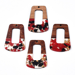 (123L) Белый крем непрозрачный блеск Подвески из прозрачной смолы и ореха, золотой фольгой, трапециевидные подвески, огнеупорный кирпич, 37.5x27x3 мм, отверстие : 2 мм