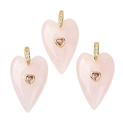 Rose Quartz Natural Rose Quartz Pendants, Heart, Golden, 30x20x9~9.5mm, Hole: 6x6.5mm
