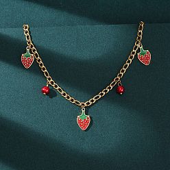 Настоящее золото 18K 304 Женские ожерелья с подвеской в виде клубники из нержавеющей стали с красной эмалью, с пластиковыми бусинами из искусственного жемчуга, ионное покрытие (ip), реальный 18 k позолоченный, 15.94 дюйм (40.5 см)