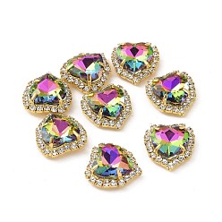 Вулкан Сердце пришить стразами, граненый стеклянный горный хрусталь, многожильных ссылки, с оправой из латуни золотистого цвета со стразами, вулкан, 17x16x6 мм, отверстие : 1 мм