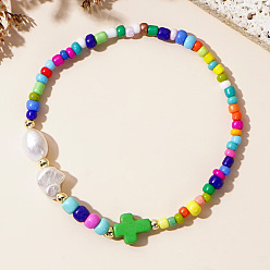 Зеленый лайм Стрейч-браслеты из бисера, Браслеты из бусин-крестиков из искусственной бирюзы и искусственного жемчуга для женщин, зеленый лайм, внутренний диаметр: 6-7/8 дюйм (17.5 см)