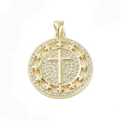 Прозрачный Настоящие 18 k позолоченные латунные подвески с микропаве и кубическим цирконием, без кадмия, без никеля и без свинца, крестик, прозрачные, 25x22x2 мм, отверстие : 3.4x4 мм