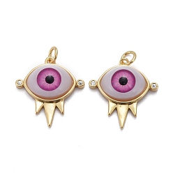 Темно-Розовый Латунные микропаве прозрачные подвески с фианитом, с акрилом и прыжковым кольцом, долговечный, глаз, реальный 18 k позолоченный, темно-розовыми, 21x20x7 мм
