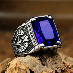 Темно-Синий 316Мужские винтажные резные кольца из нержавеющей стали с кубическим цирконием, квадратный, готические кольца, античное серебро, темно-синий, размер США 8 (18.1 мм)
