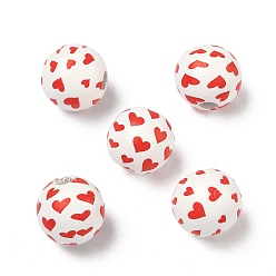 Белый Европейские деревянные бусины ко Дню святого Валентина, окрашенные распылением и напечатанные, круглые с сердца шаблона, бусины с большим отверстием, белые, 15~16 мм, отверстие : 4 мм