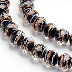 Black Handmade Gold Sand Lampwork Rondelle Beads Strands, Faceted, Black, 10x8mm, Hole: 1mm, about 50pcs/strand, 15.4 inch