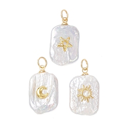 Золотой 3 шт. 3 стили подвески из натурального барочного жемчуга кеши, Прямоугольные подвески с латунными элементами в виде луны, звезды и солнца., белые, золотые, 19.5~21x13x4~4.5 мм, Перейти кольцо: 5x0.8 мм, внутренний диаметр: 3.5 мм, 1 шт / стиль