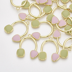 Pink Alloy Pendants, with Enamel, Light Gold, Pink &	Dark Khaki, 26.5x22.5x2mm, Hole: 1.8mm
