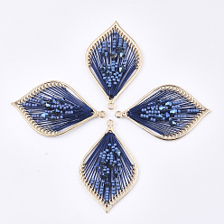 Marine Blue Polyester Thread Woven Big Pendants, with Glass and Golden Plated Alloy Findings, Long-Lasting Plated, Leaf, Marine Blue, 55.5x34x4mm, Hole: 2mm