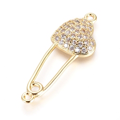Golden Messing Micro Pave Zirkonia Links Steckverbinder, Sicherheitsnadelform mit Herz, Transparent, golden, 34x12x4 mm, Bohrung: 1.5 mm