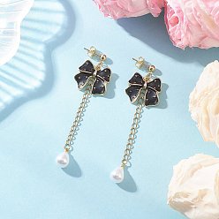 Черный Серьги-гвоздики с бантом из эмалевого сплава, с подвесками из пластика имитация жемчуга, золотые, чёрные, 75x21 мм