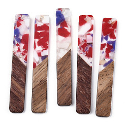 FireBrick Transparent Resin & Walnut Wood Big Pendants, Two-Tone, Rectangle Charms, FireBrick, 51.5x7.5x2.5mm, Hole: 1.8mm