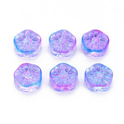 Orchidéeée Foncé Perles de verre peintes par pulvérisation transparentes deux tons, fleur de prunier fleur, orchidée noire, 10x10.5x4mm, Trou: 1.2mm