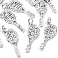 Plaqué Platine Véritable Pendentifs en laiton Shegrace avec zircon cubique transparent, charmes de raquette de tennis, sans cadmium et sans plomb et sans nickel, Platine plaqué, 22x8x2mm, Trou: 3.5mm
