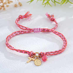 Ярко-Розовый Латунь шарм браслеты, Регулируемые браслеты из плетеного хлопкового шнура для женщин и мужчин, крест и овал с девой марией, ярко-розовый, 11.02 дюйм (28 см)