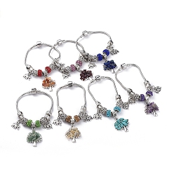 Mixed Stone European Bracelets, with Brass Snake Chains, Polymer Clay Rhinestone European Beads, Natural & Synthetic Mixed Stone Chips, Alloy European Beads & Pendants, Tree of Life & Elephant, with Cardboard Box, 189mm