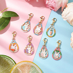 Mixed Color Easter Teadrop Glass Seed Beaded & Alloy Enamel Carrot Rabbit Pendant Decorations, with 304 Stainless Steel Lobster Claw Clasps, Mixed Color, 48mm, 7pcs/set
