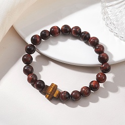 Темно-Красный Натуральный тигровый глаз круглые бусины растягивать браслеты, крестик для женщин, темно-красный, бусины : 8.5 мм, внутренний диаметр: 1.79 дюйм (4.55 см)