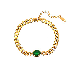 Green Golden Stainless Steel Oval Link Bracelets, with Cuban Link Chains, Green, no size