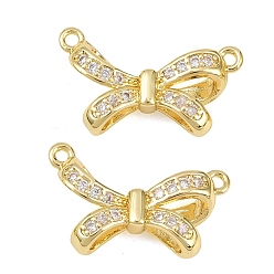 Настоящее золото 18K Латунные микропаве прозрачные подвески с фианитом, подвески в виде бантиков с двойными петлями, реальный 18 k позолоченный, 13.5x23x6 мм, отверстие : 1.4 мм