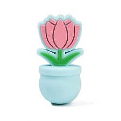 Бледно-бирюзовый Бусины из пищевого силикона с цветочным узором, DIY уход за ожерельем, бледные бирюзовая, 28.5x15x13.5 мм, отверстие : 2.5 мм