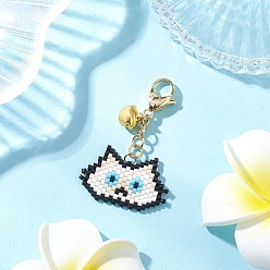 Белый Подвески ручной работы из стеклянных бусин в форме головы кошки, с карабинами из сплава и подвеской в виде колокольчика, белые, 46.5 мм