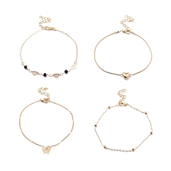 Light Gold 4Pcs 4 Style Alloy Chain Anklets Set with Heart Beaded and Butterfly Charm for Women, Light Gold, 8.86~9.25 inch(22.5~23.5cm)