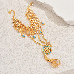 Золотой Старинные латунные плоские круглые звенья браслеты-кольца для женщин, плоские круглые с цветком, с синтетическими бирюзовый, золотые, 5-3/4 дюйм (14.5 см) в длину, внутренний диаметр: 7-1/8 дюйм (18 см), кольцо: 0.16см~0.18см внутренний диаметр