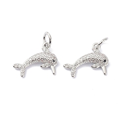 Platinum Brass Cubic Zirconia Charms, with Jump Ring, Long-Lasting Plated, Lead Free & Cadmium Free, Dolphin, Real Platinum Plated, 11x14x2.5mm