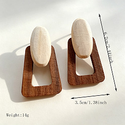 Trapezoid Pendientes de botón de madera y aleación para mujer, dorado, trapezoide, 62x35 mm