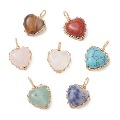 Смешанные камни Природные и синтетические смешанные подвески драгоценных камней, подвески в форме сердца с медной проволокой, золотые, смешанные окрашенные и неокрашенные, 17.5~18.5x12~13x5.5~6.5 мм, отверстие : 3.5 мм