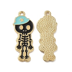 Turquoise Alloy Enamel Pendants, Skeleton with Hat Charm, Golden, Turquoise, 32.5x13x1.5mm, Hole: 1.6mm