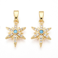 Бирюза Латунные микро проложить кубического циркония подвески, звезды прелести, без кадмия и без свинца, реальный 18 k позолоченный, бирюзовый и прозрачный, 15.5x10.5x3 мм, отверстие : 2x5~5.5 мм