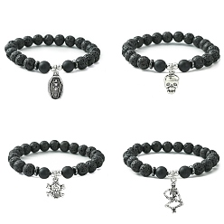 Mixed Shapes Natural & Synthetic Mixed Gemstone Beaded Stretch Bracelets with Alloy Charms, Mixed Shapes, Inner Diameter: 2~2-1/8 inch(5.1~5.3cm)