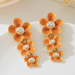 Темно-Оранжевый Серьги-гвоздики из цветочного сплава и страз, с эмалью, золотые, темно-оранжевый, 56x24 мм
