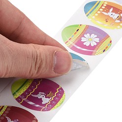 Egg 9 Patterns Easter Theme Self Adhesive Paper Sticker Rolls, Egg-Shaped Sticker Labels, Gift Tag Stickers, Rabbit & Flower, Easter Theme Pattern, 38x30x0.1mm, 500pcs/roll