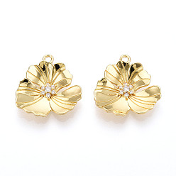 Настоящее золото 18K Латунные микро проложить кубического циркония подвески, без кадмия, без никеля и без свинца, цветок, реальный 18 k позолоченный, 21x20.5x4 мм, отверстие : 1.8 мм