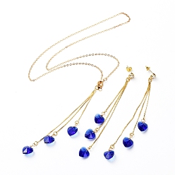 Royal Blue Stud Earrings & Pendant Necklaces Sets, with Heart Glass Charms, Brass Chain Chandelier Components Links & Cable Chains & Stud Earring Findings & Ear Nuts, with Cardboard Box, Royal Blue, 470mm