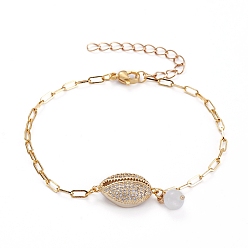 Golden Brass Micro Pave Clear Cubic Zirconia Link Bracelets, with Round Natural White Moonstone Beads and Brass Paperclip Chains, Cowrie Shell Shape, Golden, 7-3/8 inch(18.9cm), 2.5mm