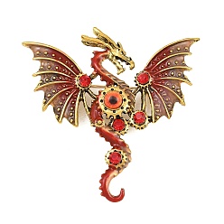 Roja Pines esmaltados de dragones steampunk, Broches de solapa de aleación con diamantes de imitación para ropa, oro antiguo, rojo, 59.5x61 mm