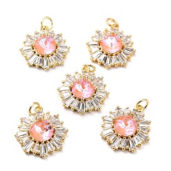Pearl Pink Brass Micro Pave Cubic Zirconia Pendants, Long-Lasting Plated, Real 18K Gold Plated with Glass, Snowflake, Pearl Pink, 21.2x17.5x6.7mm, Hole: 3.6mm