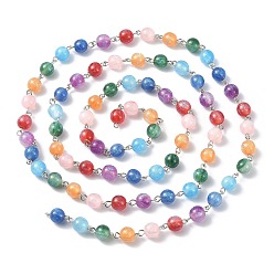 Colorful Handmade Resin Round Beaded Chains, with Platinum Brass Findings, Unwelded, Colorful, 14~15x8~8.5mm, about 3.28 Feet(1m)/Strand