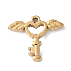 Настоящее золото 18K 304 подвески из нержавеющей стали, ключ-сердечко с подвеской-крылом, вакуумное покрытие pvd, реальный 18 k позолоченный, 15.5x18x2.5 мм, отверстие : 1.5 мм