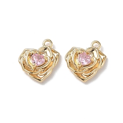 Misty Rose Valentine's Day Brass Micro Pave Cubic Zirconia Charms, Heart Shaped Rose Charms, Real 18K Gold Plated, Misty Rose, 13.5x12.5x4mm, Hole: 1.3mm