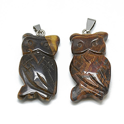 Tiger Eye Natural Tiger Eye Pendants, with Stainless Steel Snap On Bails, Owl, 39~45x20~22x7~10mm, Hole: 6x4mm