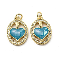 Dark Turquoise Brass Micro Pave Cubic Zirconia Pendants, Cadmium Free & Lead Free, with Enamel Shell, Oval with Heart, Dark Turquoise, 21x14x4mm